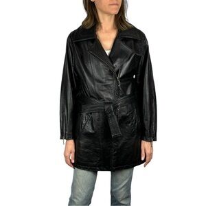 VINTAGE PROMODA GENUINE LEATHER BLACK CLASSIC ASYMMETRIC ZIP FRONT BELTED JACKET